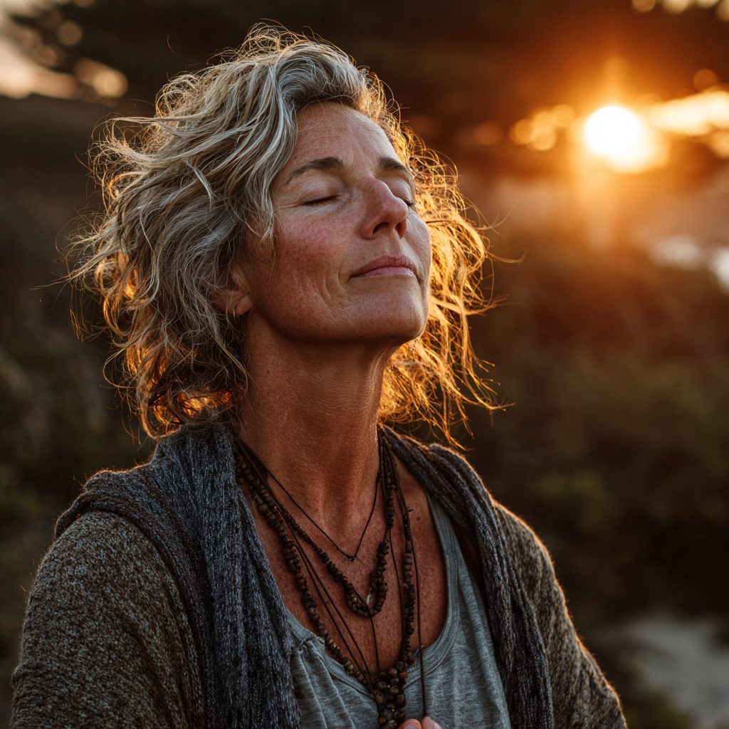 Peaceful middle-aged woman in her late 40s practicing yoga meditation pose outdoors in serene natural setting
