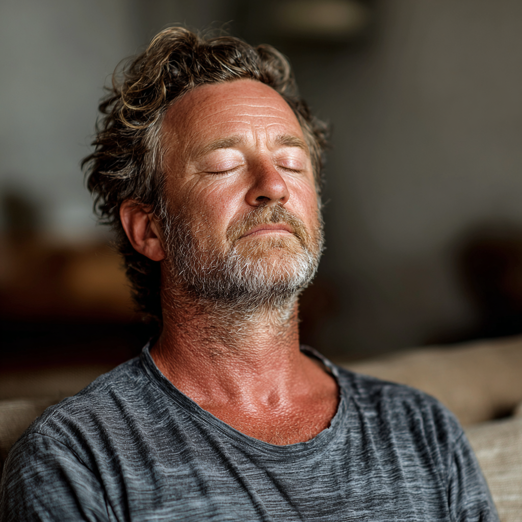Serene middle-aged man around 45 years old sitting in lotus meditation position with eyes closed in peaceful indoor environment